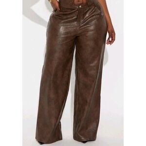 Fashion Nova Brown High Waisted Faux Leather Flare Style Wide Leg Pants 1X